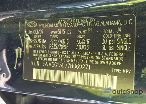 2007 Hyundai Santa Fe Gls из США, поврежденный, VIN 5NMSG13D77H069271